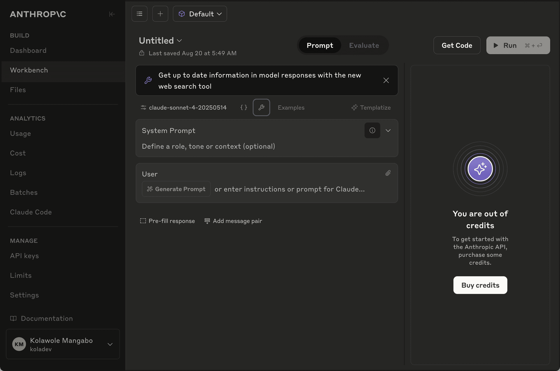 Anthropic workbench interface for prompt optimization and testing