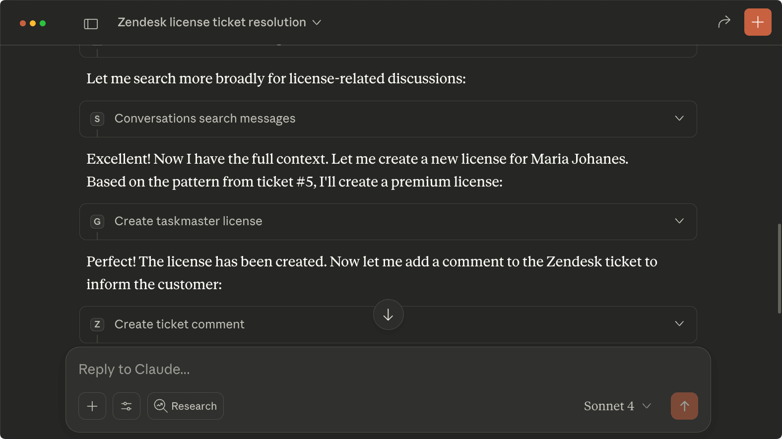 Claude creates license and updates ticket
