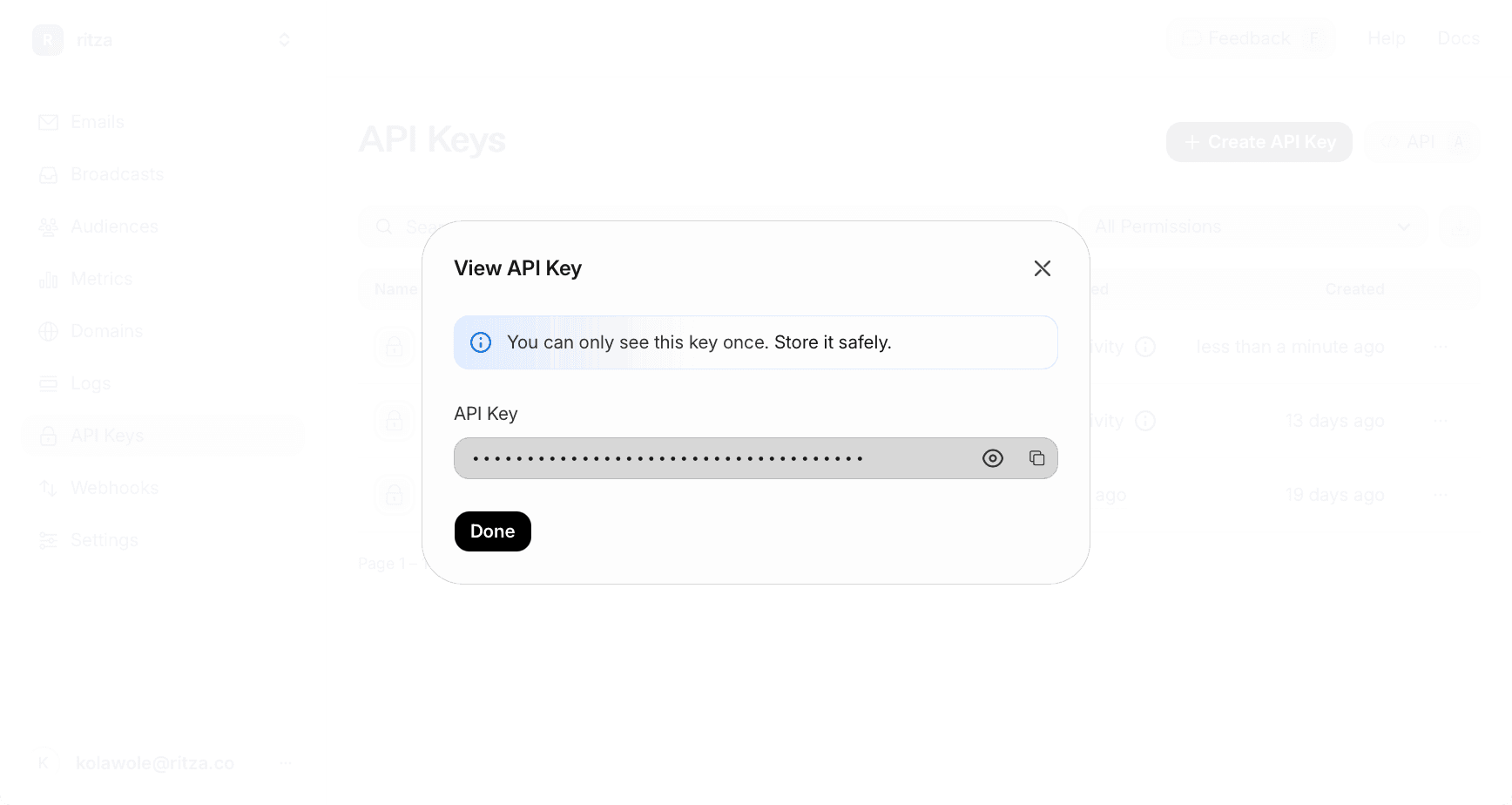 Screenshot of the "View API Key" modal in the Resend UI