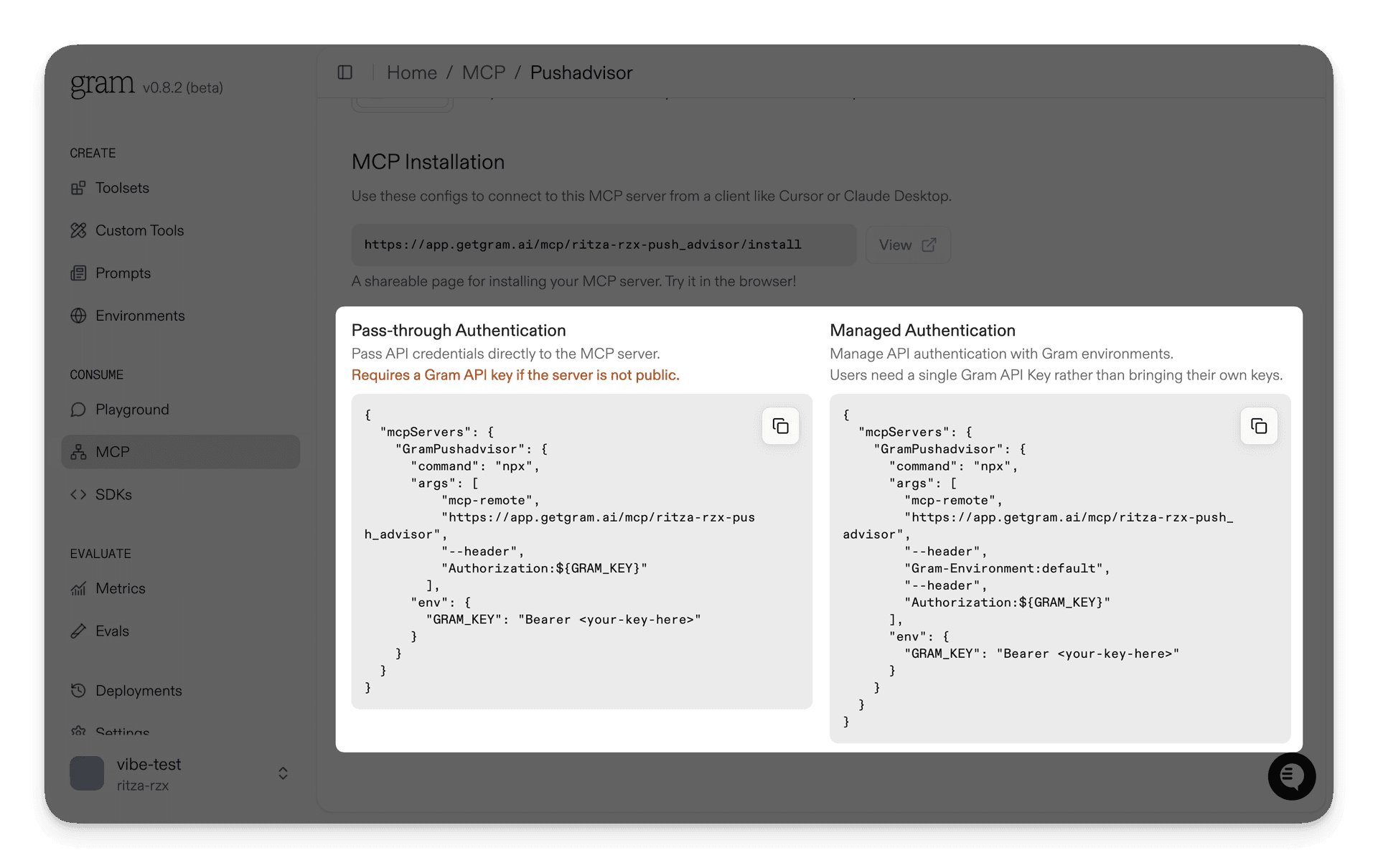 Screenshot showing the MCP server config dialog for the Push Advisor toolset