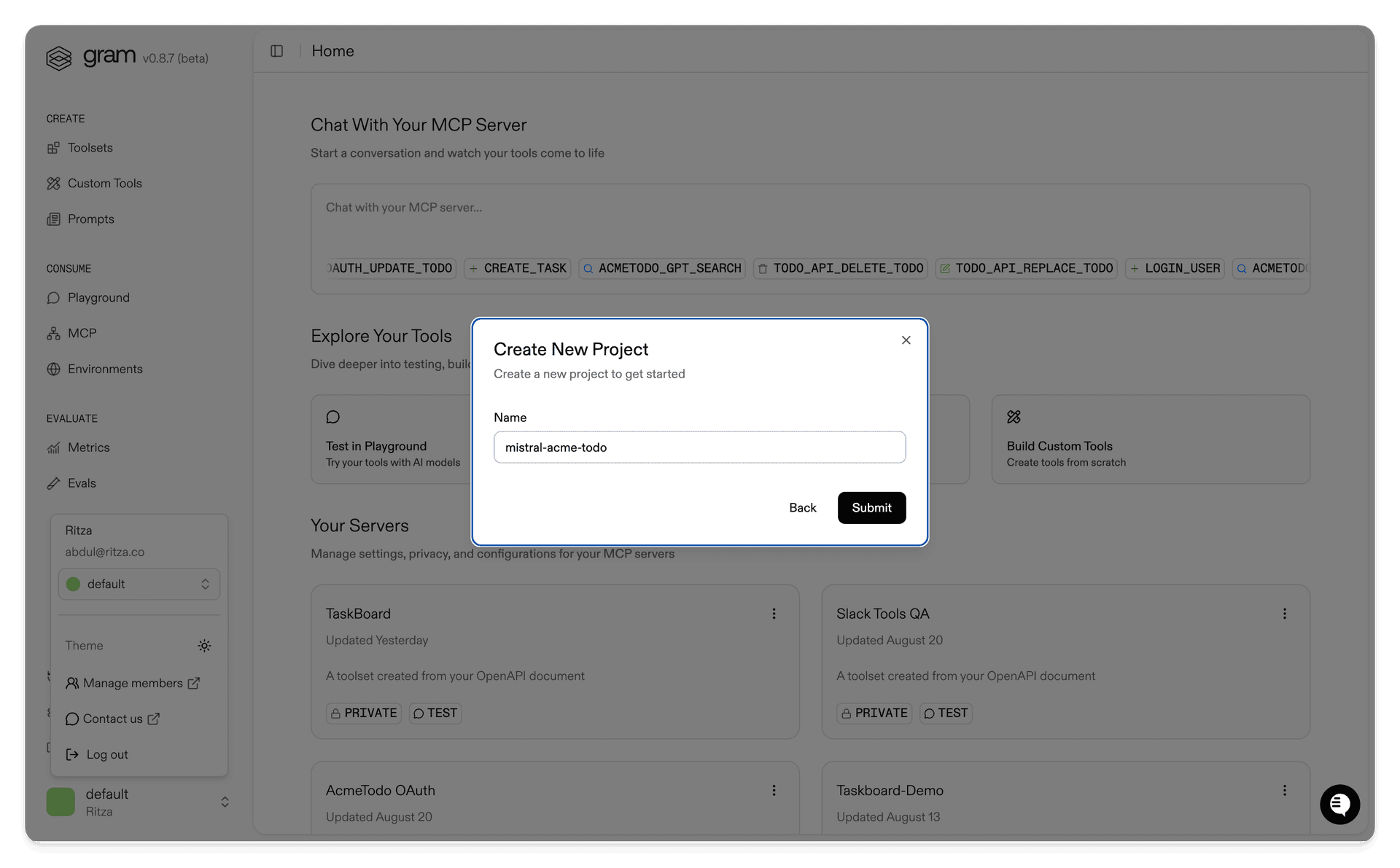 Screenshot of the Gram dashboard showing the New Project link