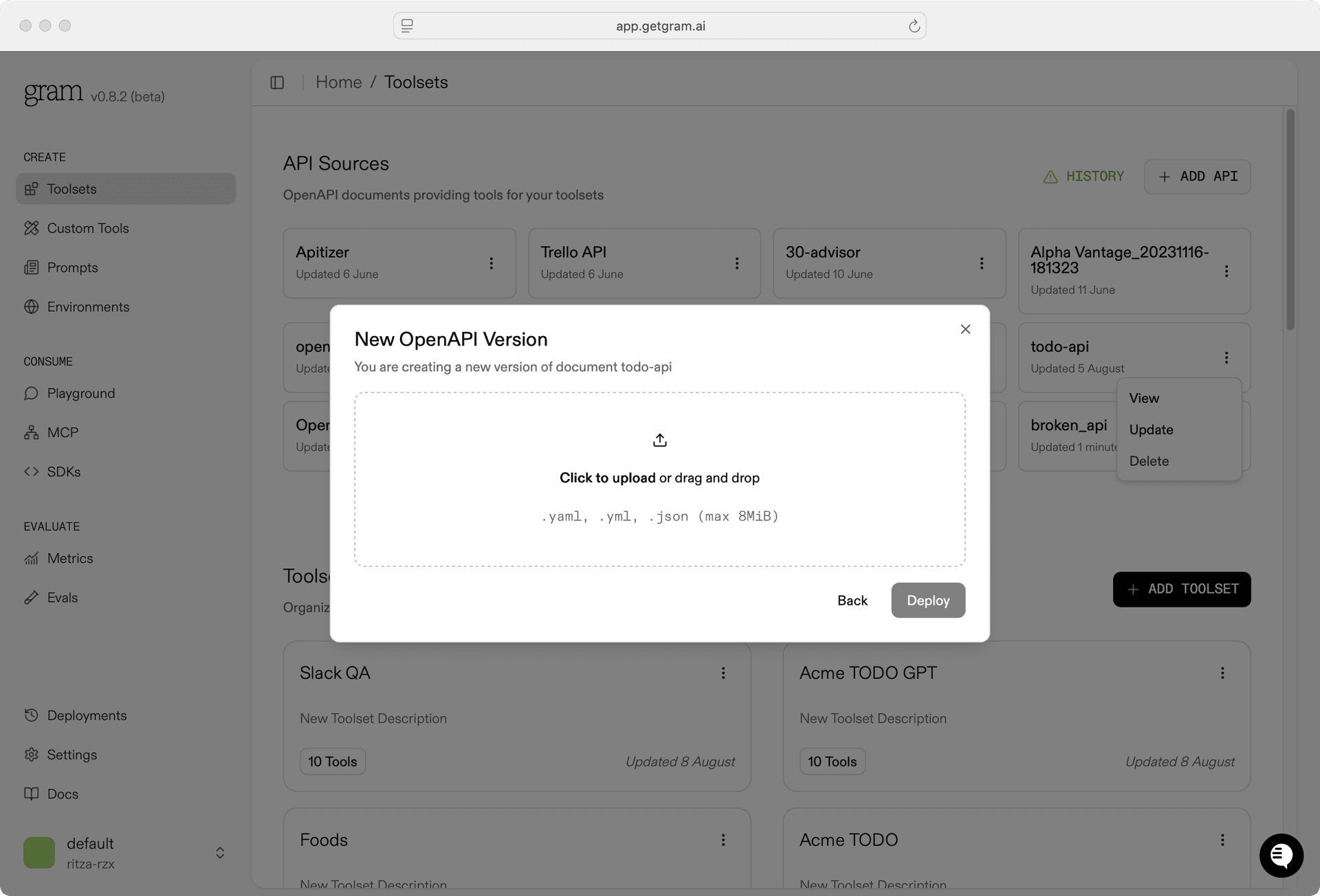 Screenshot of the Gram UI showing the API Source update process