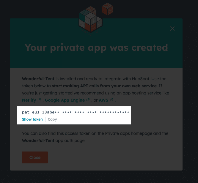 HubSpot API key modal displaying the generated private app access token