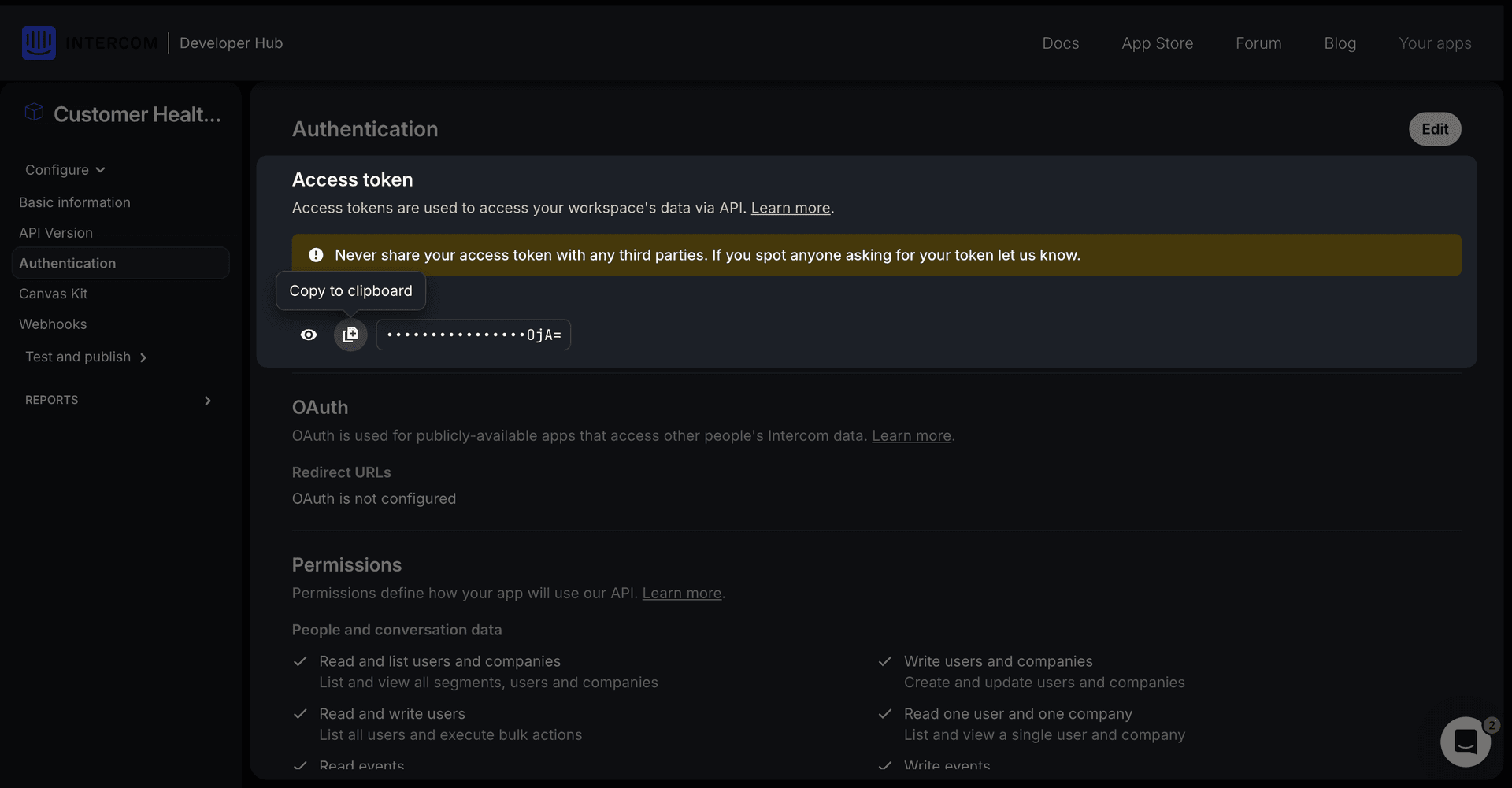 Copying the Access token