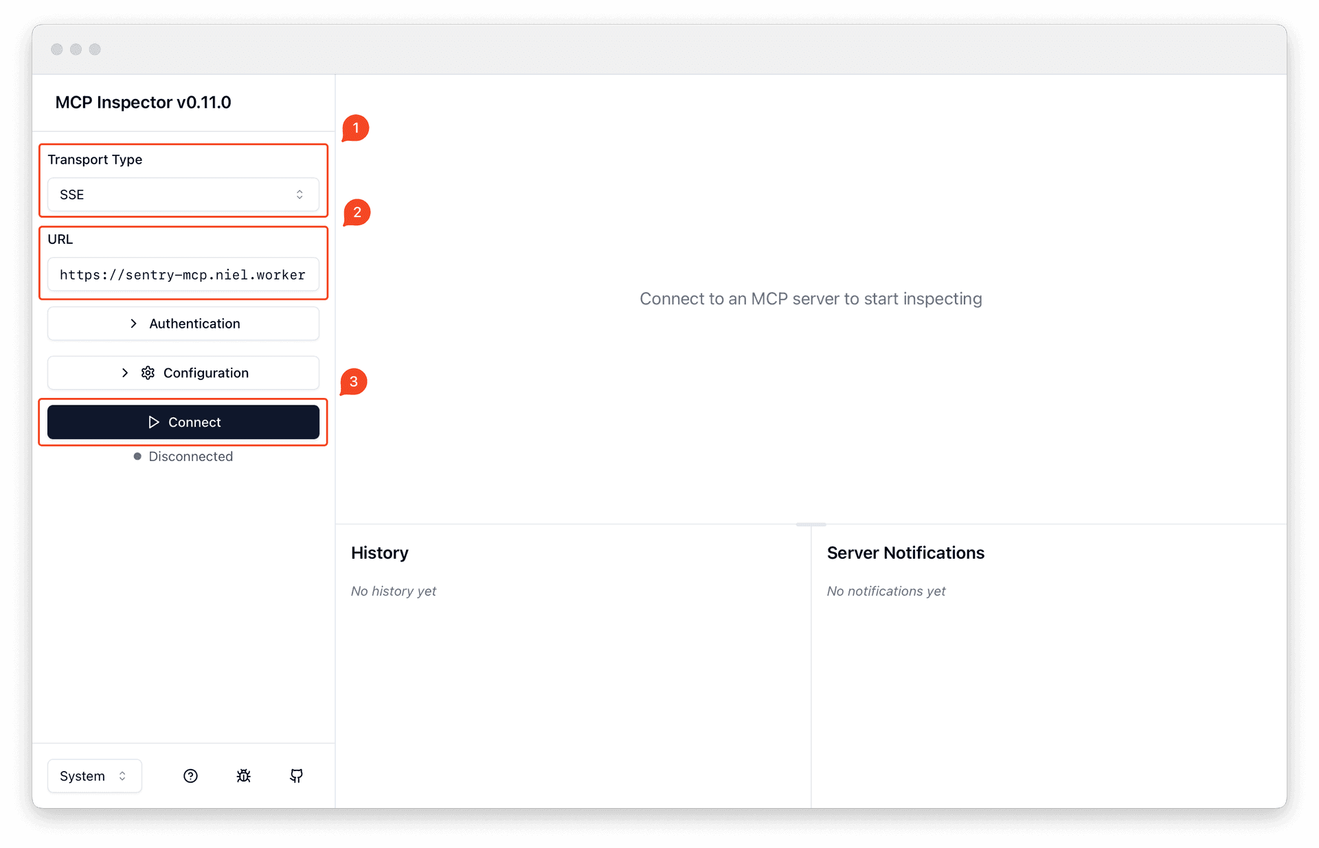 The MCP Inspector interface shows a browser-based tool for testing MCP connections. The dark-themed interface displays multiple panels: a left sidebar with connection options showing SSE transport selected and a server URL field, a main content area showing connection status as Pending, and a right panel with request/response details. The inspector appears ready to establish a connection to test a remote MCP server, with status indicators and connection controls prominently displayed.