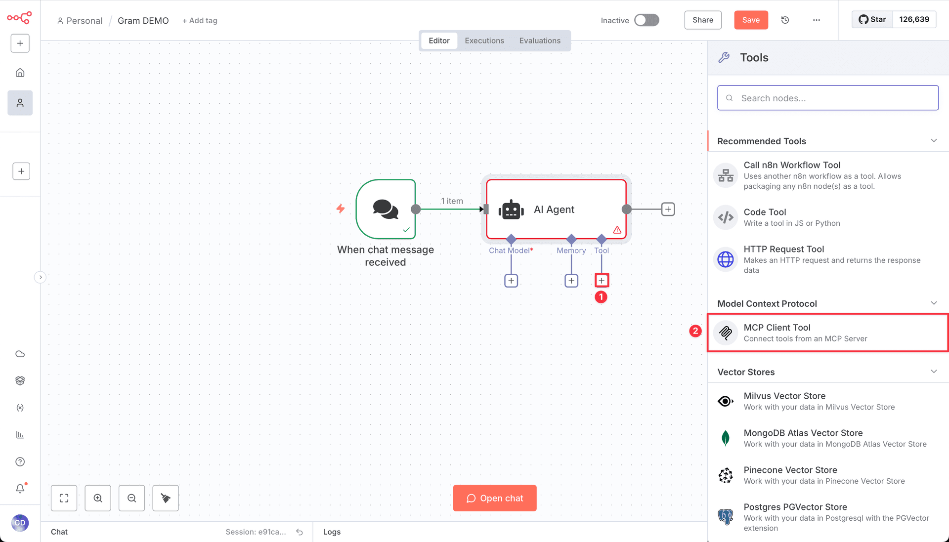 Screenshot showing how to add the MCP Client tool