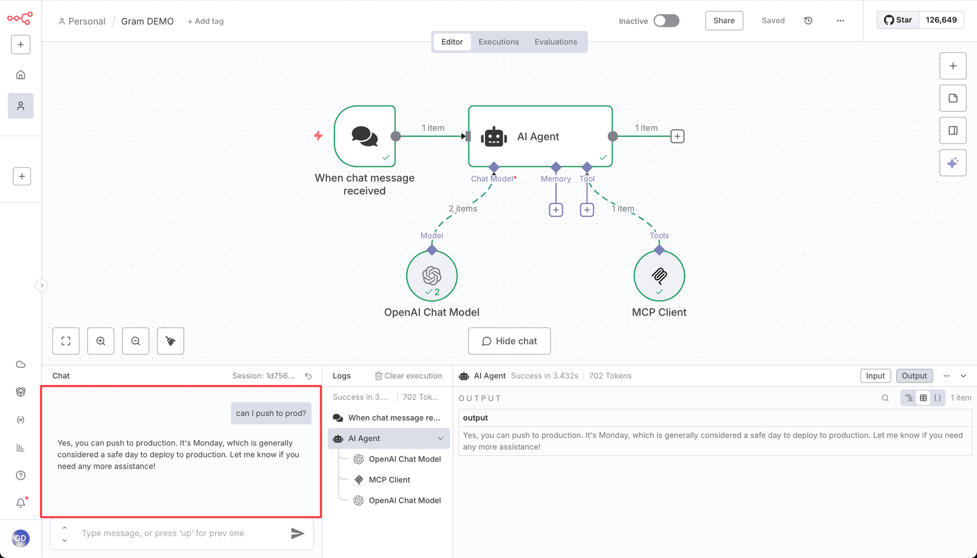 Screenshot showing the final chat interface with a user asking about pushing to production