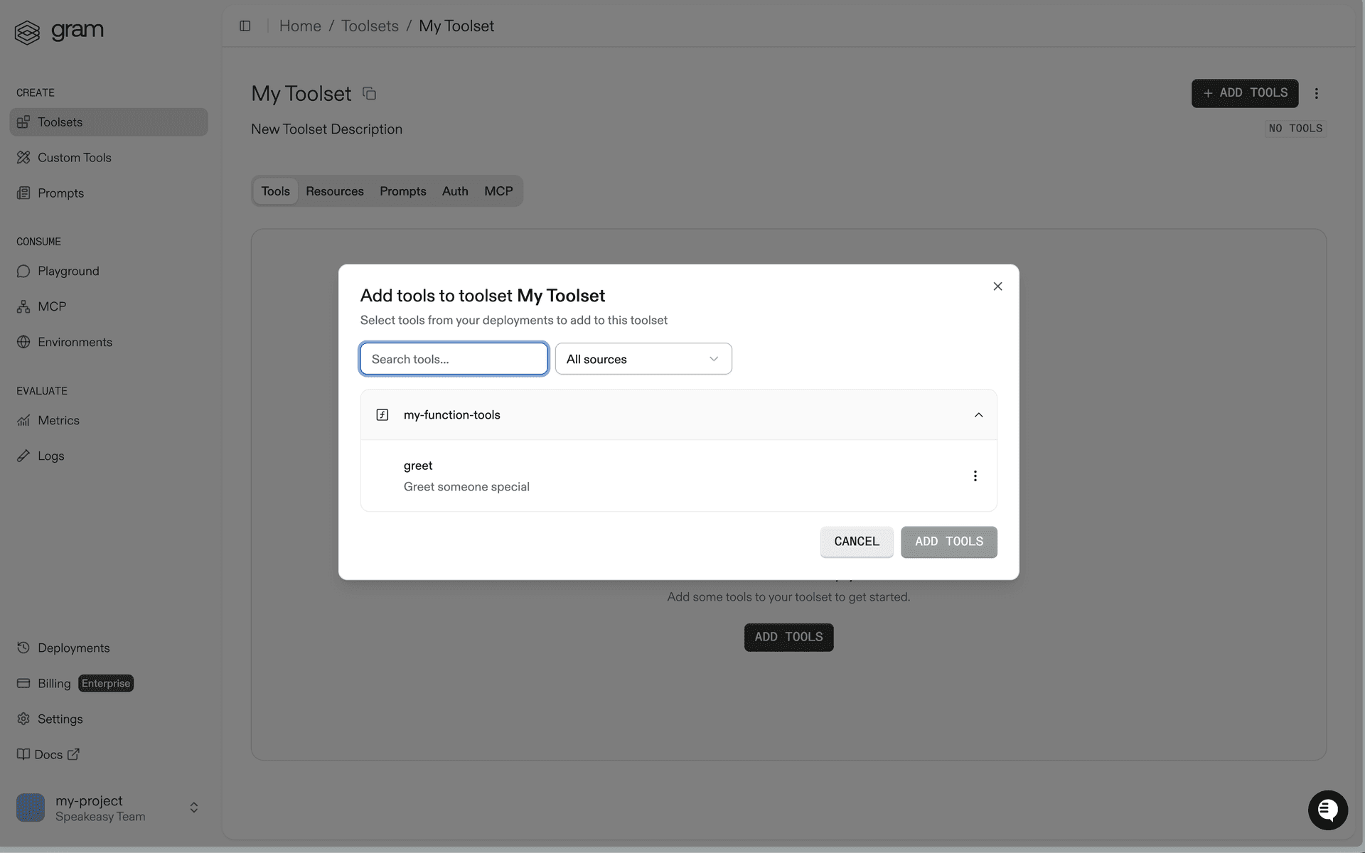 Gram Dashboard, showing the add tools dialog