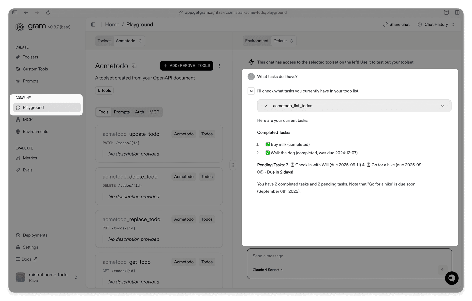 Screenshot showing how to test an MCP server in the Gram Playground